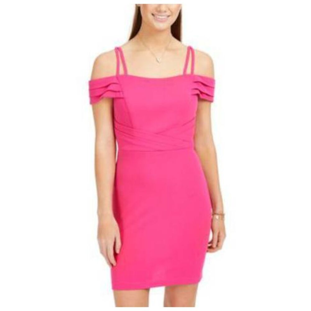 TEEZE ME Womens Body Con Short Dress Pink Spaghetti Strap Evening Juniors 3\4
